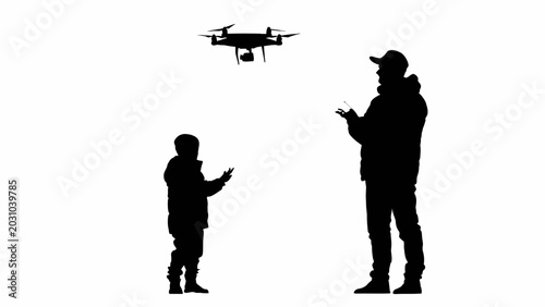 Canvas Print Silhouette of man and child playing with drone, black icons, white background, t