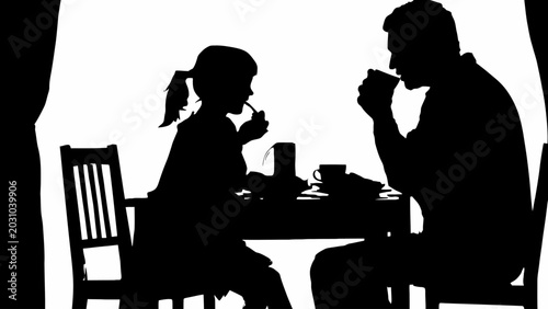 Obraz na plátně Silhouette of family eating, dinner table scene, black silhouette, meal time, fa