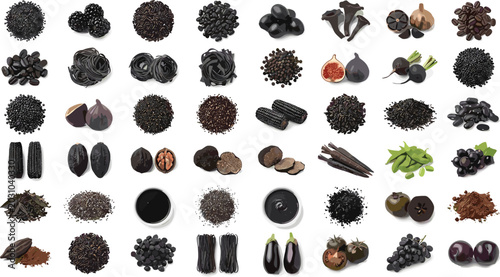 Quadro su tela Large collection of naturally black and dark ingredients foods olives pasta figs