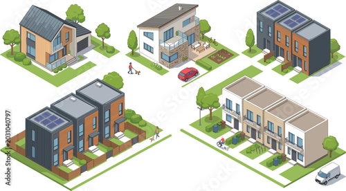 Konstfotografi Collection of modern isometric residential houses townhouses and contemporary su