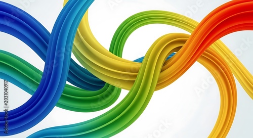 Dynamic and vibrant abstract background featuring a complex weave of intertwined rainbow-colored 3D fluid lines, creating a visual metaphor for connection, movement, and technological flow