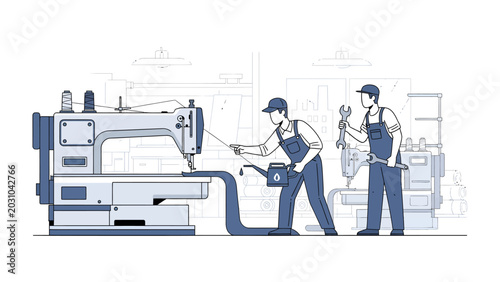 Slika na platnu Factory Maintenance: Two mechanics in overalls meticulously maintain a large industrial sewing machine, one applying oil while the other holds a wrench