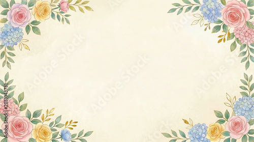 Pastel floral wedding background with watercolor flower border.