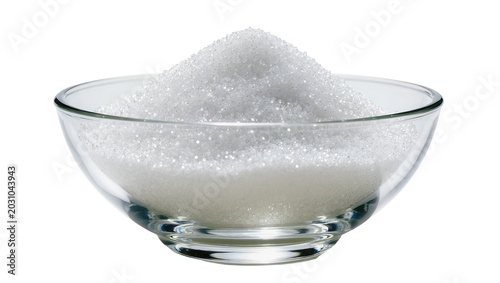Canvastavla Clear glass bowl filled with sparkling white granulated sugar, isolated on trans