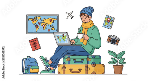 A person sits on luggage with a laptop planning travel surrounded by a map, camera, and backpack.