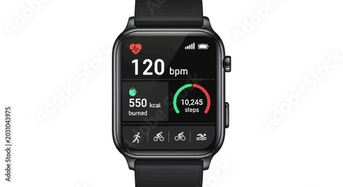 A smartwatch displays fitness tracking data on its screen.