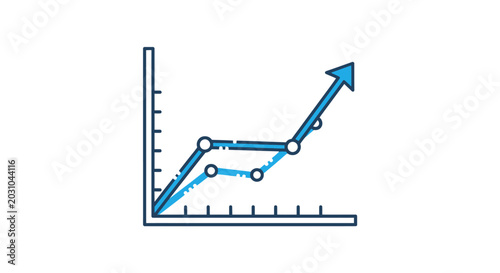 A blue line graph shows steady growth and upward trend with arrow on white background