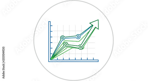 A line graph with multiple green and blue lines and an upward trend arrow is shown in a circle.