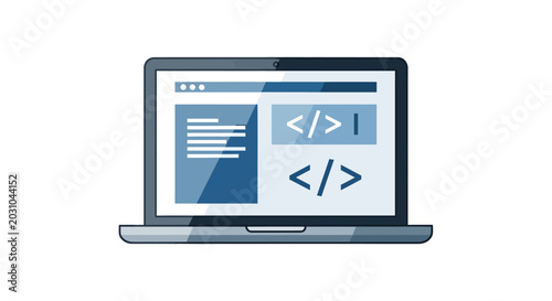 An illustration depicts a laptop displaying coding on the screen.