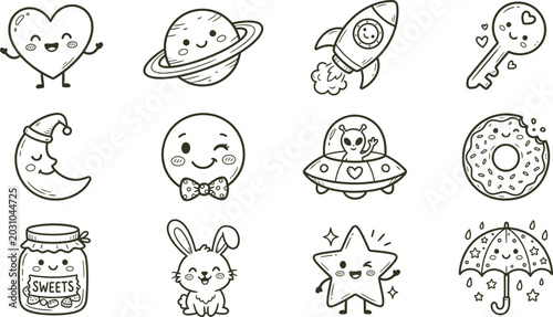 фотографія Cute kawaii doodle set hearts planets rockets and sweets black and white line ar