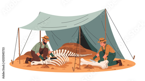 Quadro su tela Paleontologists Excavating Dinosaur Bones: Two paleontologists, dressed in hats and overalls, meticulously excavate a large dinosaur skeleton under a tent in a desert landscape