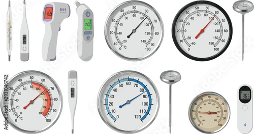 Collection of various thermometers and temperature measurement devices digital electronic infrared gun dial analog probe medical household cooking isolated on white background vector illustration