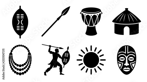 Zulu Heritage Vector Icons Set — Shield, Spear, Drum, Hut, Necklace, Warrior, Sun Symbol, and Tribal Mask Silhouette Vector Illustration Representing African Culture and Tradition