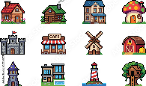 Comprehensive 8-bit game asset set with diverse architectural buildings cozy cottages fantasy towers and a modern villa isolated on white background