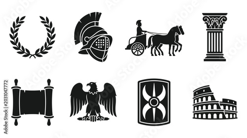 Ancient Roman Culture Vector Icons Set — Laurel Wreath, Helmet, Chariot, Column, Scroll, Eagle, Shield, and Colosseum Silhouette Vector Illustration Representing Classical Civilization and History