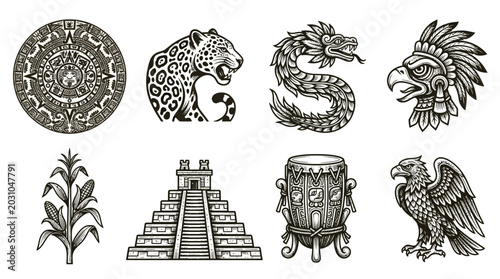 Aztec and Mayan Culture Vector Icons Set — Calendar, Jaguar, Quetzalcoatl, Mask, Corn, Pyramid, Drum, and Eagle Silhouette Vector Illustration Representing Ancient Mesoamerican Civilization