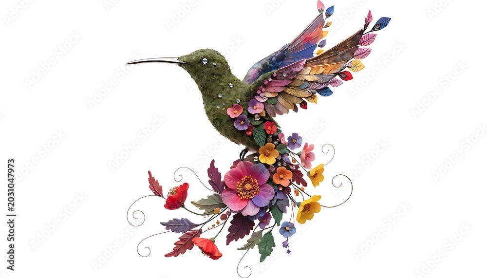 Fototapeta premium Decorative floral hummingbird isolated on elegant botanical background With shadow. AI GENERATED.