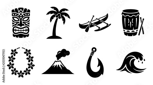 Polynesian Culture Vector Icons Set — Tiki Mask, Palm Tree, Canoe, Drum, Lei, Volcano, Fishhook, and Ocean Wave Silhouette Vector Illustration Representing Island Traditions and Nature