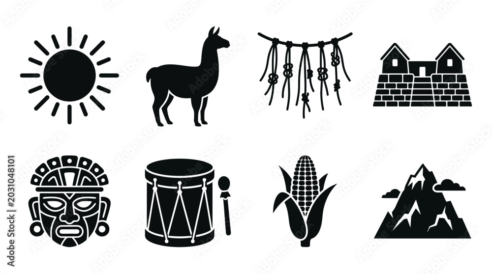 Obraz premium Andean Culture Vector Icons Set — Llama, Sun Symbol, Inca Temple, Corn, Drum, Tribal Mask, Mountain Range, and Traditional Ornament Silhouette Vector Illustration