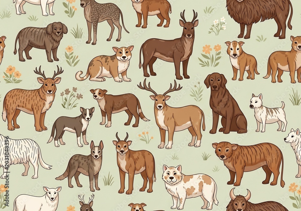 Fototapeta premium Seamless pattern of diverse animal breeds and plants.