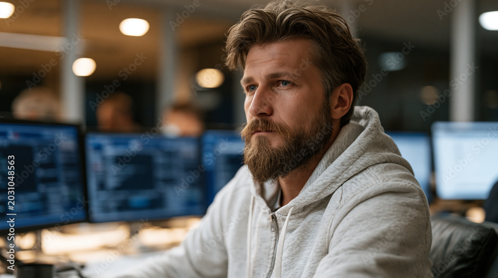 Obraz premium Cybersecurity analyst at government agency workspace surrounded by multi-monitor threat detection dashboards scanning encrypted network traffic logs in secure operations center with badge-access doo