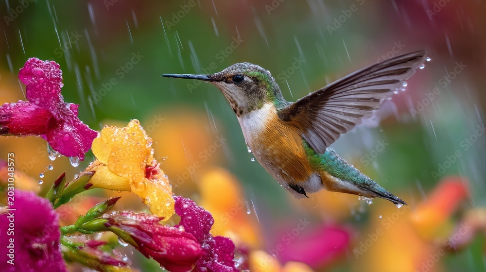 Fototapeta premium Vibrant Hummingbird Hovering Near Tropical Flowers