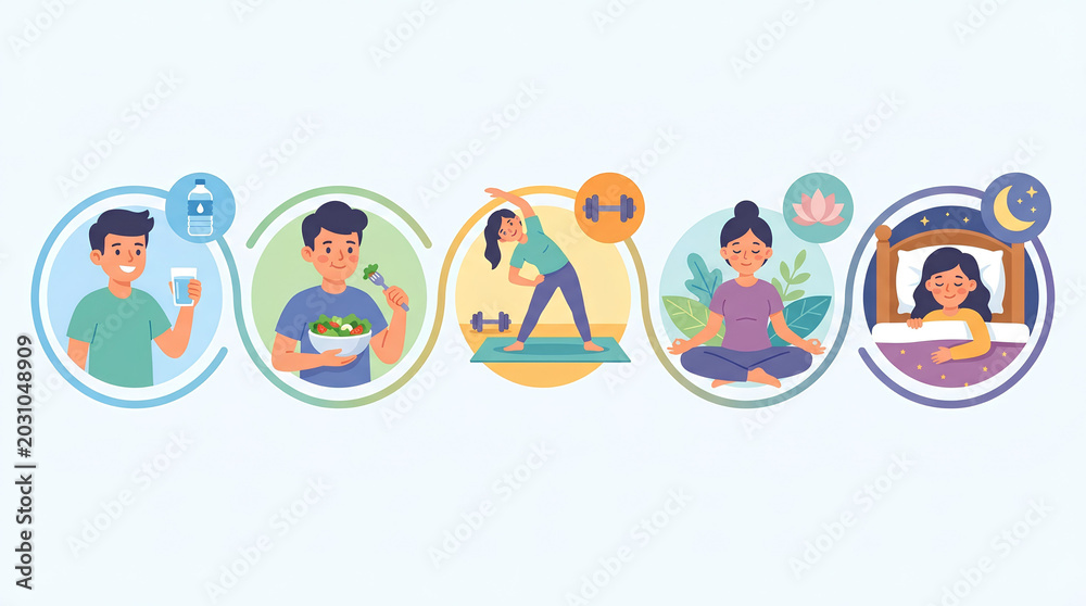 Fototapeta premium People demonstrate a healthy daily routine including drinking water, eating salad, exercising, and sleeping.