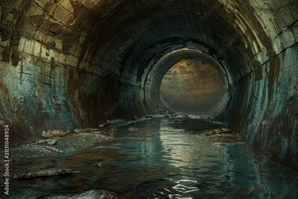 Naklejka premium Stream flowing in decaying round sewer tunnel with light at end