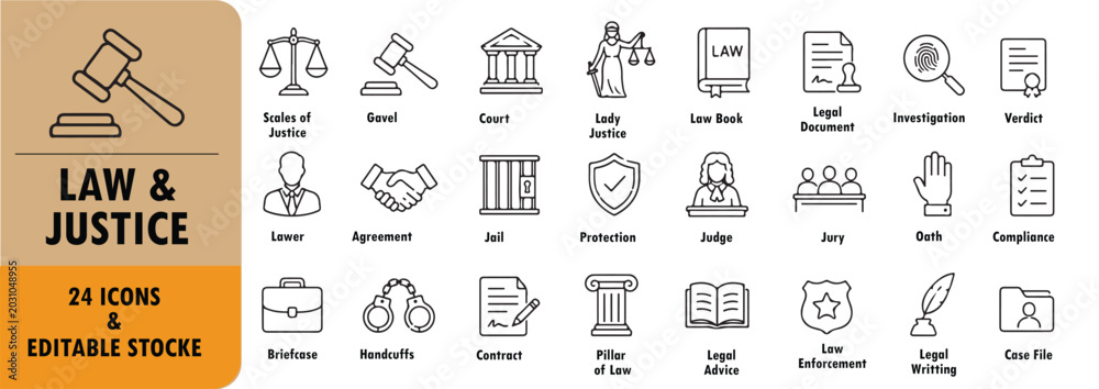 Naklejka premium A set of 24 law & justice line icons
