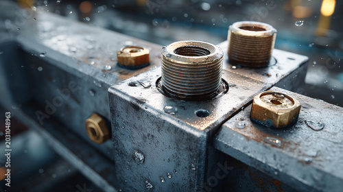 Close-up of metallic bolts and nuts on industrial machinery with raindrops