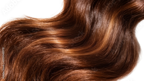 Foto Wavy auburn human hair strands with golden highlights, isolated on transparent b