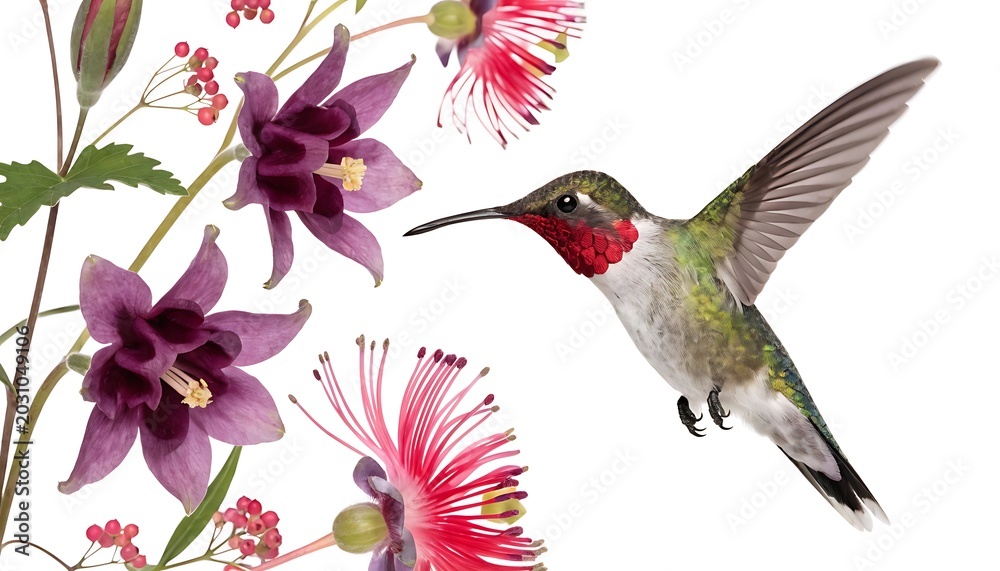 Fototapeta premium Realistic hummingbird with flower composition With shadow cut out isolated on white background. AI GENERATED. 