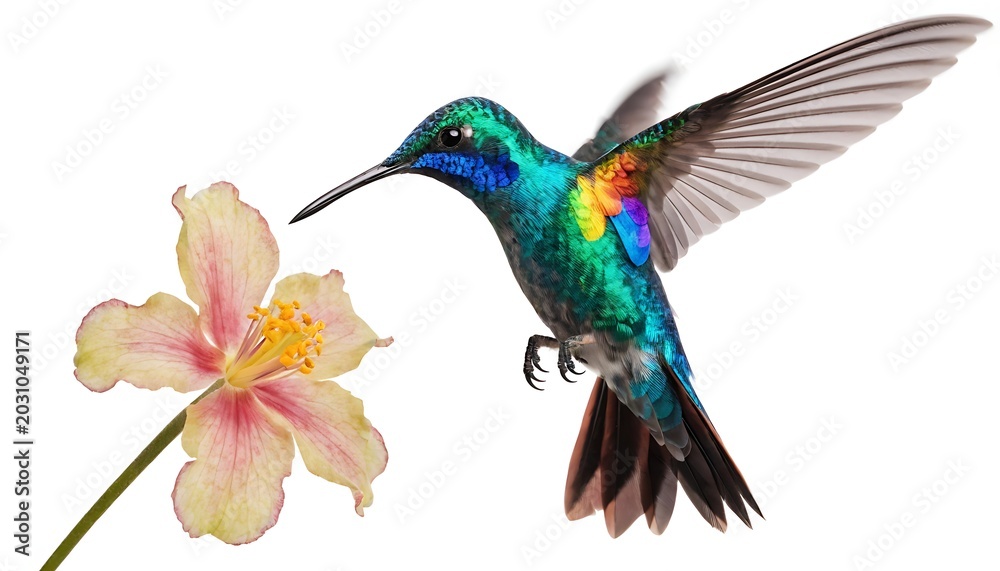 Fototapeta premium Rainbow feather hummingbird near flower With shadow cut out isolated on white background. AI GENERATED. 