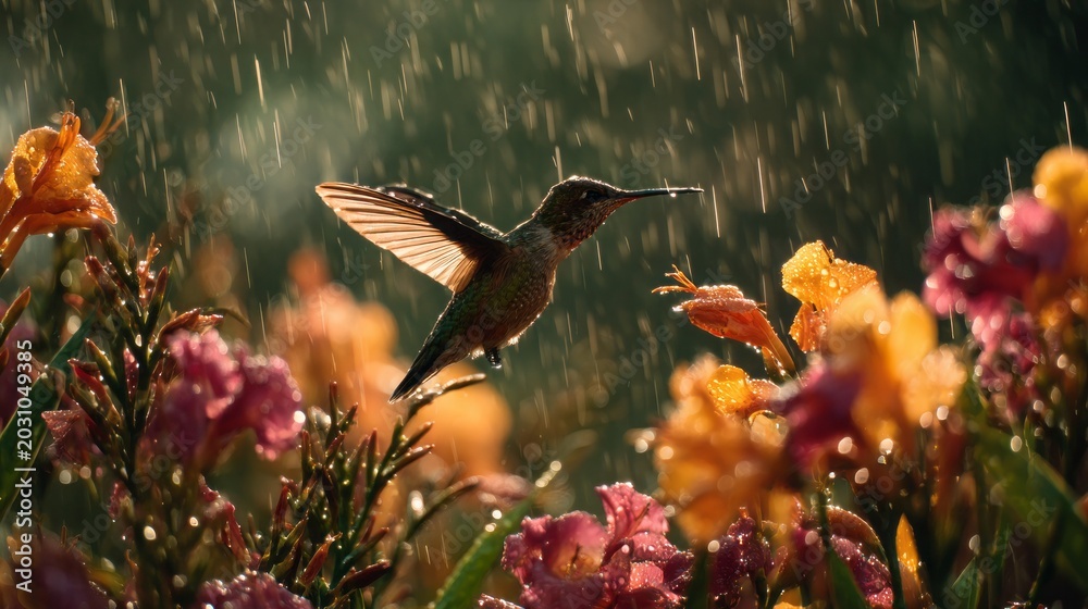 Fototapeta premium Vibrant Hummingbird in Tropical Rain