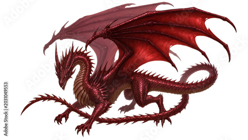 Majestic red dragon with large wings detailed scales, isolated on transparent background