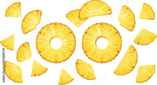 Bild auf Leinwand Sweet Yellow Pineapple Rings and Scattered Chunks Vector Collection for Tropical
