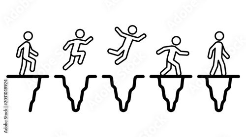 Photos Stick figure jumping over ground crack loophole risk overcoming concept line art