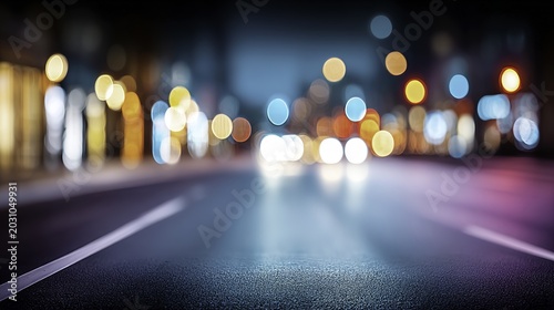 Blurred city street at night with bokeh lights and empty road