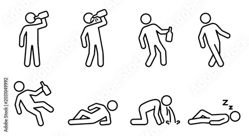 Quadro su tela Drunk man stick figure drinking alcohol bottle vomiting and hangover icons set