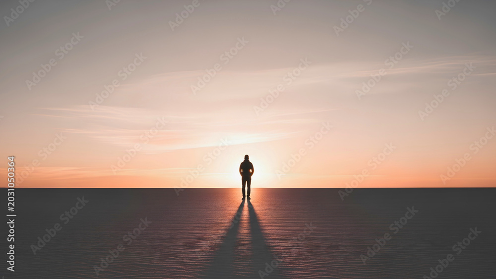 Fototapeta premium A solitary figure stands silhouetted against a breathtaking sunset, casting a long shadow across the vast, empty landscape