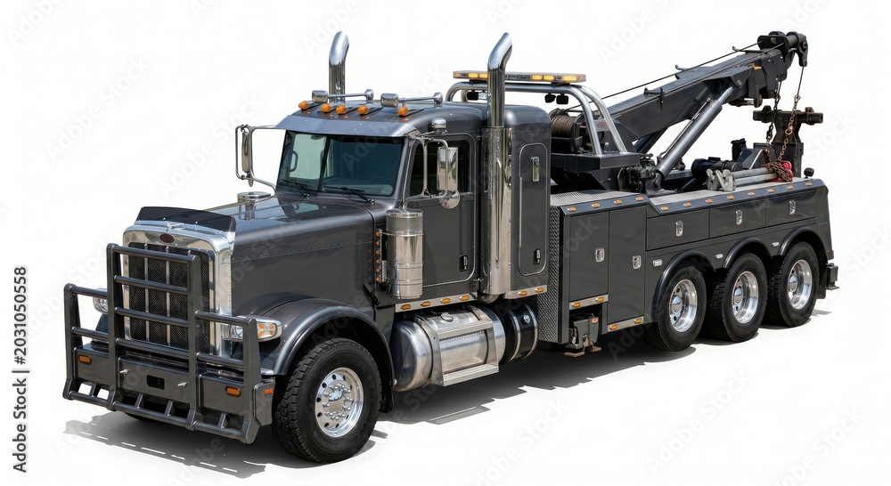 Obraz premium Heavy-duty dark grey tow truck with chrome details and an extended boom on a white background.