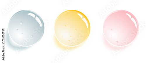 Three water drops with bubbles. Texture of liquid, serum, gel, or collagen droplets. Vector illustration.
