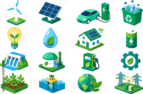 Canvastavla Isometric Green Energy and Ecology Icon Set with Solar Panel Wind Turbine Electr