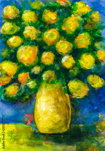 Canvas-taulu Original acrylic painting of yellow roses in a golden vase, bold expressive brushwork, vibrant blue and yellow contrast, handmade floral still life