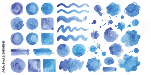Foto Abstract blue watercolor splash stains and fluid blob shapes bundle for backgrou