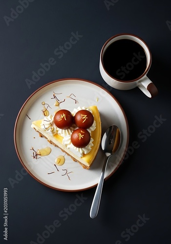 Slice of cheesecake with gulab jamun and whipped cream served with coffee.
