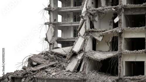 Photos Collapsed concrete building structure with exposed rebar, isolated on transparen