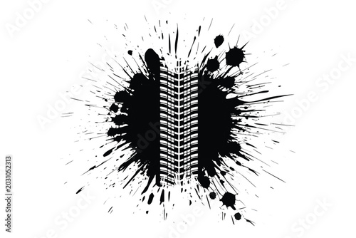 Black ink splatter with offroad tire tread pattern isolated on white background,Grunge car tire track print over creative paint splash vector graphic.
