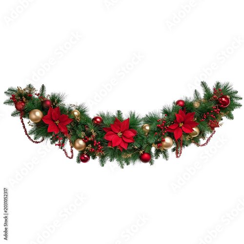 Christmas Garland with Poinsettias Ornaments and Berries Keywords: Christmas, garland, festive isolated on a transparent background