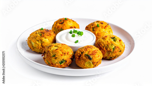 Potato and leek croquettes vegetable fritters with sour cream isolated on white background